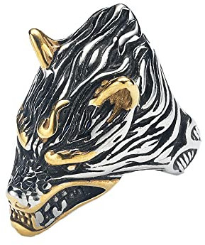 PAMTIER Herren Wolf Tier Ring Edelstahl Jahrgang Gotisch Biker Band Silber Gold Größe 68 (21.6)