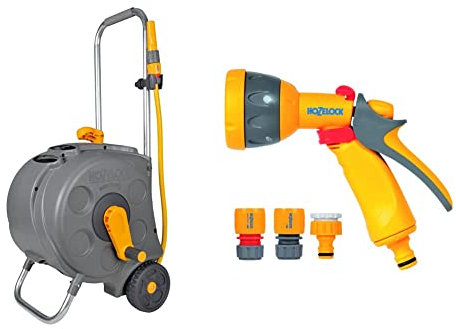Hozelock HZ2416R0000 Compact Cart with 30 m Hose & 2347 0000 Multi Spray Watering Gun Starter Set, Multicolour, 205.0 mm x 230.0 mm x 260.0 mm