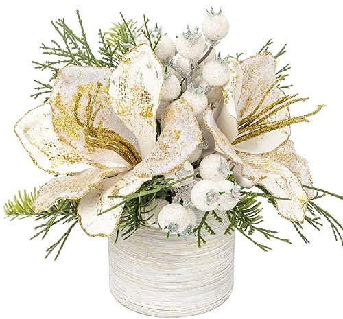 Árbol de Navidad pequeño de 25 cm, planta artificial en macetas de cerámica con flor de magnolia y bayas, mini adornos de árbol de Navidad, decoraciones de Navidad para el hogar, centros de mesa de
