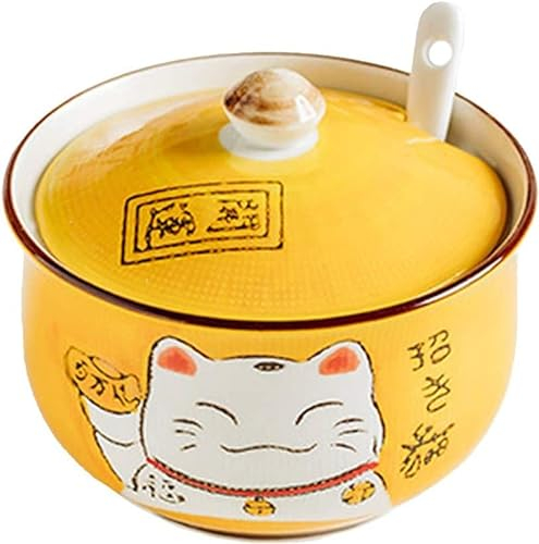 GImLY Ceramic Japanese Lucky Cat Sugar Bowl Salt Storage Jar with Lid and Spoon