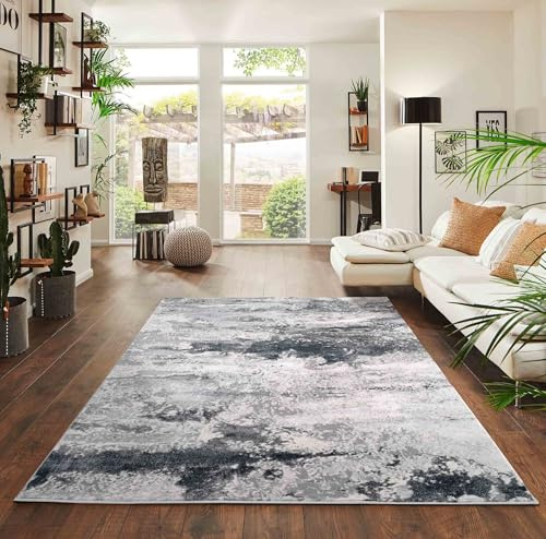 Emperor Metallic Abstract Modern Living Room Area Rug, Silver, 160x230cm