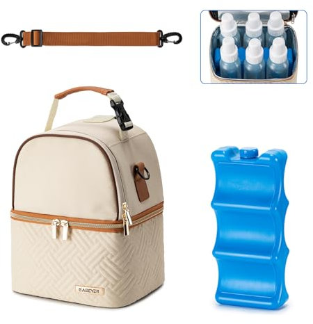 BABEYER Muttermilch-Isoliertasche mit Eisbeutel, passend für 6 Babyflaschen bis zu 266 ml, Muttermilchpumpe, Kühltasche mit Schultergurt für Stillen, Mutter, Tagespflege, Arbeit, Reisen, cremefarben