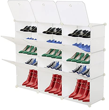 LEADZM Schuhschrank, 5-stufiger Schuhregal, Steckregal aus Kunststoff, mit Türen, Schuhaufbewahrung für 30 Paar Schuhe,für Schrank Flur Schlafzimmer, 120 x 30 x 90 cm, Weiß