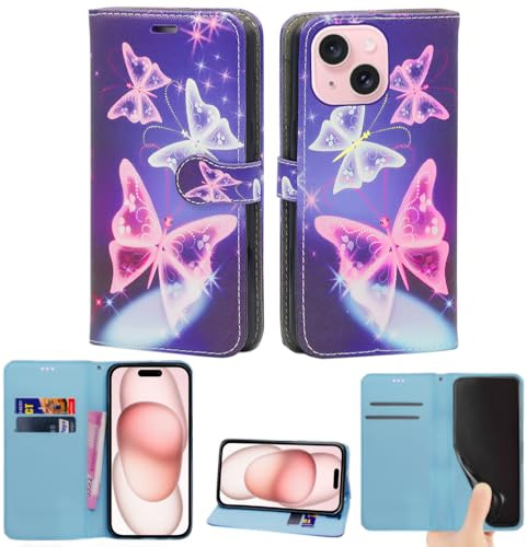 EKAM Schutzhülle kompatibel mit Phone 15 (6,1 Zoll), PU-Leder, Brieftaschenformat, Standfunktion, Magnetverschluss, mit Kartenfächern, für Handy 15 Zoll (15,4 cm), Schmetterlingsblau