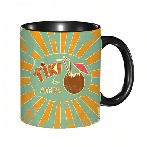 Tasse Keramik Vintage hawaiianische Postkarte - Retro-Design-Tiki-Bar-Menü mit handgezeichnetem Tex Kaffeetassen Große 330ml Mit Henkel 100% Handbemalt Trinkgläser Mit Griff Personalisierte Geschenk