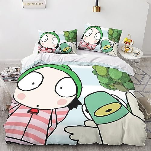 EVMILA Sarah und Ente Bettwäschegarnitur 3D Gedruckter Mädchen Junge Kinder Bettbezug Set Reissverschluss Weich Microfaser Bettwäsche Und Kissenbezüge 3 Teilig King(220x240cm)