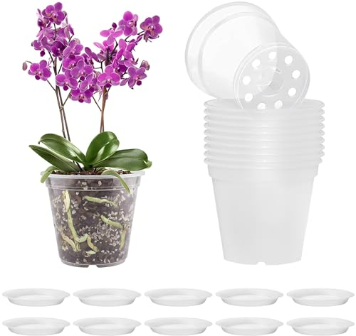 Skibetfo Set of 10 Clear Orchid Pots with Saurce and Holes 11.5cm Plastic Nursery Plant Pots Transparent Flower Seedling Pots Breathable Planting Pots for Indoor Outdoor Garden Balcony