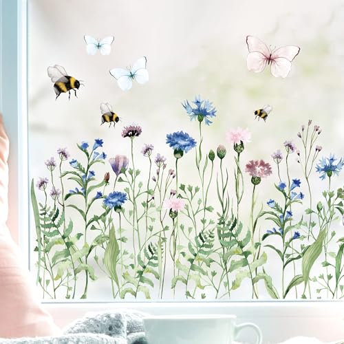 Wandtattoo Loft Fensterbilder Frühling mit Kornblumenwiese& Hummeln – A3 Bogen, Wiederverwendbar – Frühlingsdeko Fenster, Frühlingsbild Fenster, Fensterdeko Frühling, Fensterfolie Frühling
