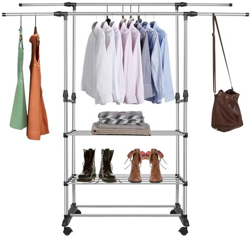 HUOLE Séchoir à Linge sur Pieds Pliable étendoir 2 Niveaux AjustablesSéchoir d’intérieur, Stable et robuste, Repassage facile, Transport aisé, Porte-chaussettes-78 * 42* (70-150) cm-double pôle