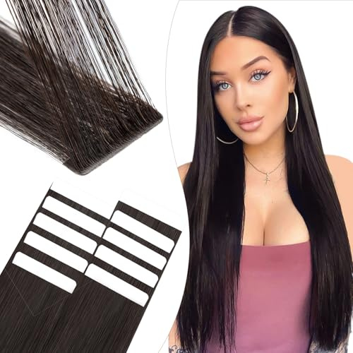 Elailite Tape Extensions Echthaar #1B Naturschwarz, 10 Stück Unsichtbar Kleber Haarverlängerungen 25g, 50cm Genähtes Haar Glattes Invisible