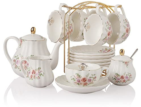 Sweejar Home Porcelain Tea Set Royal Family 225 ml to Cups and Saucers with Teapot Sugar Bowl Milk Ceramic Tea and Coffee Cups (Rose Flower)