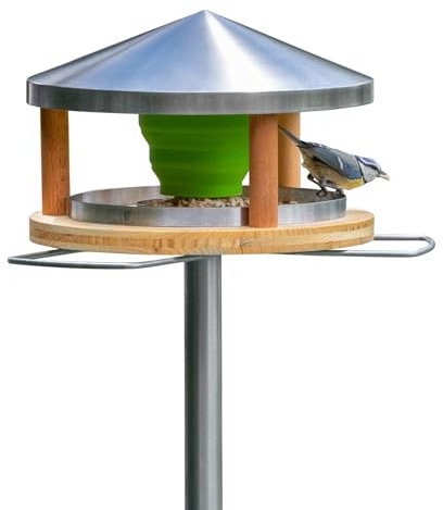 LicusDesign Vogelhaus mit Ständer wetterfest aus Edelstahl - Stabiles Vogelfutterhaus für draußen, modern aus Metall - Vogelfutterstation - Futterhaus für Vögel stehend