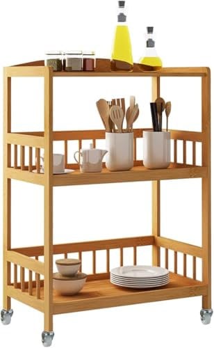 AuraCraft Carrello Cucina in Legno di bambù con 3 Ripiani, Multiuso Carrello Bamboo Portavivande Carrello da Portata