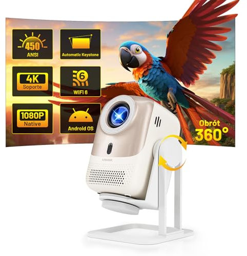 Beamer 4K Unterstützt Full HD 1080P 450 ANSI Beamer Heimkino mit Android OS, Autofokus/Trapezkorrektur WiFi6 BT 5.2 Video Beamer für PS4/5 Switch Handy, 360°Rotating Projektor mit Dual-Lautsprecher