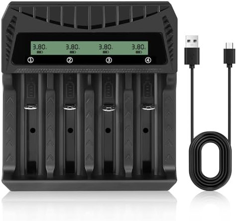 AXFEE 18650 Akku Ladegerät, Universal Akku Ladegerät LCD-Display, Multi Charger, 26650 21700 18650 18500 16340 14500, USB-C Batterieladegerät, 4 Ladeplatz, AA AAA Batterie