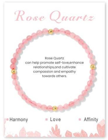 GoPaw Edelstein Armband Damen, 4mm Naturstein Armband Perlenarmband Damen Turmalin Armbands Karneol Armbands für Mama Tochter Oma Enkelin Schwester (Rosenquarz)