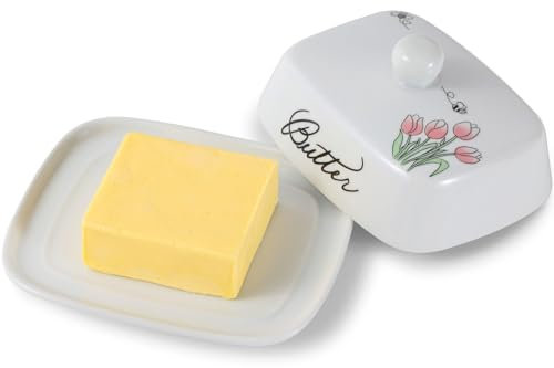 Beurrier avec poignée pour 250 g de beurre, en céramique de qualité supérieure, blanc avec motif floral abeille, porcelaine, classique, convient au lave-vaisselle