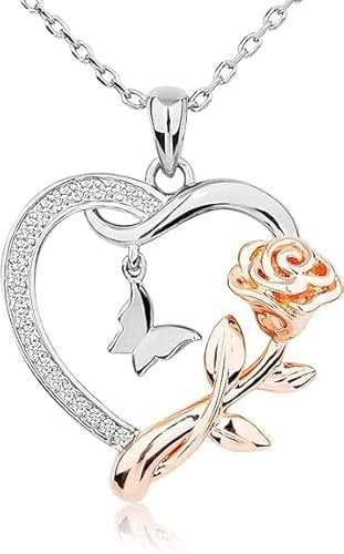 Herz Kette Damen, Rose Blume Herz Halskette Silber, Halskette Damen Silber Kette mit Herzanhänger, Kette Herz Silber für Frauen Mädchen, Geschenke für Valentinstag Geburtstag Muttertag Hochzeitstag