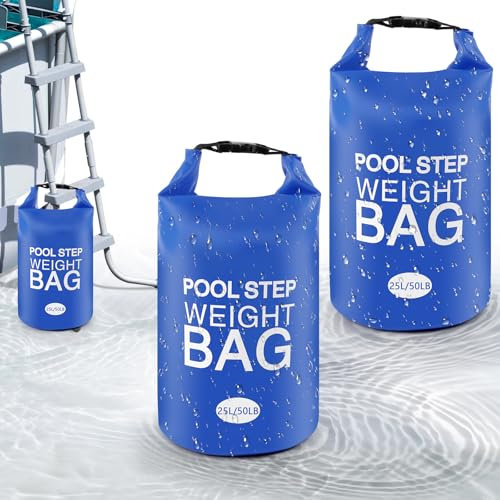 Paquete de 2 pesas universales de 50 libras para escalones de piscina, PVC 250D, impermeables, no se rompe, bolsas de arena, plegables para escalones de piscina (azul)