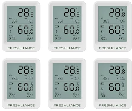 Freshliance Bluetooth Temperatur und Luftfeuchtigkeits Datenlogger, Kühlschrank Gefrierschrank Thermometer Hygrometer, Digitaler Fern Temperatur und Feuchtigkeitsmonitor mit Smart App Datenanalyse 6St
