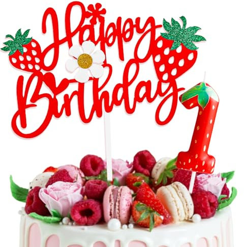 Strawberry Thema Kuchen Deko mit Happy Birthday Tortendeko und Geburtstagskerzen Zahl 1 für 1.Geburtstag Mädchen Junge Kinder Geburtstagsfeier