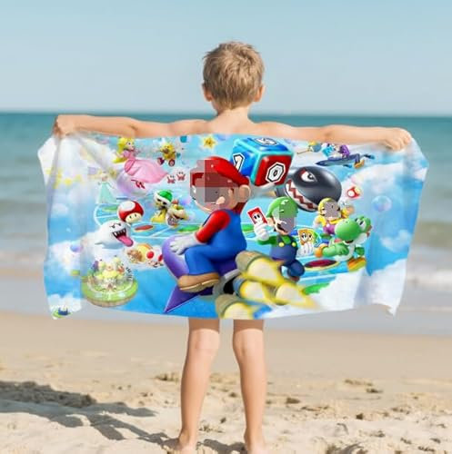 Strandtuch Kinder Mario Badetuch Kinder Microfaser Badetuch 150x75cm Cartoon Badehandtuch Badetuchs Ultra Saugfähig Beach Towel Handtuch Jungen Mädchen für Strand, Gym, Travel, Camping, Sauna, Yoga