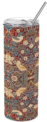 Purely Home Red Strawberry Thief Travel Flask - William Morris Artwork Gifts - Reusable Stainless Steel Hot/Cold Drinks Cup with Straw 600ml