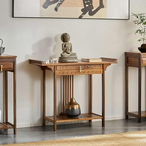 Table console en bois massif avec tiroir, design à 2 niveaux pour entrée, couloir ou temple, bureau de sanctuaire