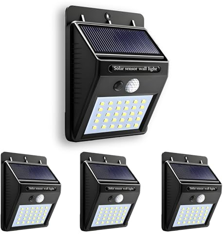 Hqynss Solarlampen für Außen mit Bewegungsmelder, 4 Stück LED Solarleuchten für Aussen,Solar Sicherheits-Wandleuchte,IP65 Wasserdichte Solar Lampe Outdoor für Garten Garage Zaun Patio, Kaltes Weiß