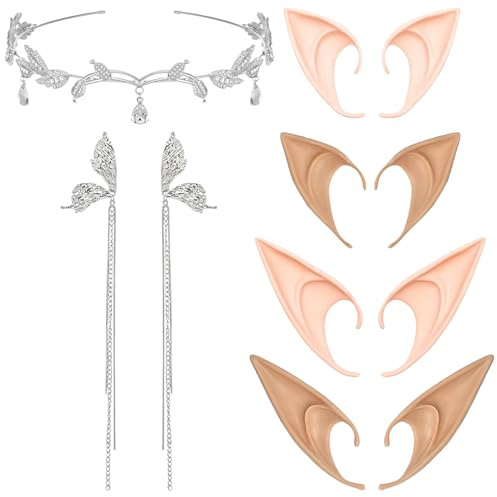 ZXTGBQ Elfenohren, Elfen Ohrringe für Damen, 4 Paar Elfenohren in 2 Größen, Elfen Krone, für Elfen-Cosplay, Weihnachten, Halloween, Karneval, Partydekorationen Zubehör, Kinder und Erwachsene