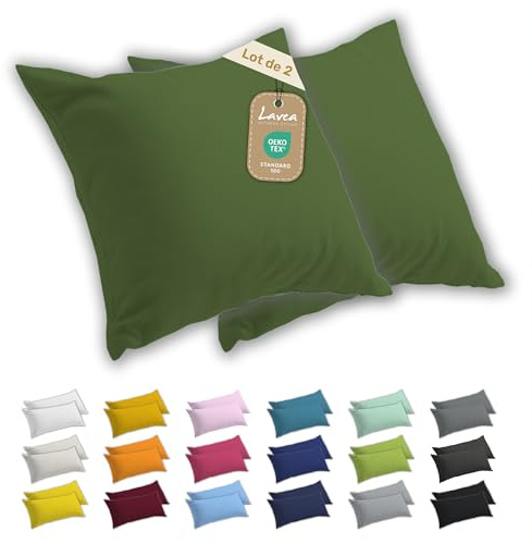 Lavea® 2er Set Kissenbezug 80x80 - Olivgrün | 100% Baumwolle Jersey – Weiche Kissenhülle & Kopfkissenbezüge, OEKO-TEX® Standard