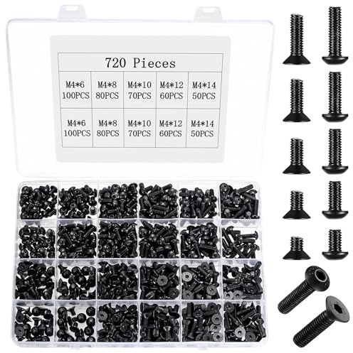 Lot de 720 vis M4 à tête fraisée à six pans creux et vis cylindriques, vis à tête bombée, vis à six pans creux, vis filetées, vis à tête plate pour machine