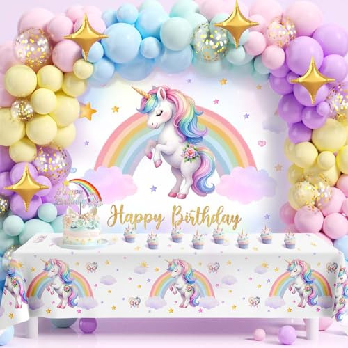 Heboland Einhorn Geburtstagsdeko Mädchen, 115pcs Einhorn Deko Luftballons Tischdecke Hintergrund und Kuchendeko für Geburtstag Deko