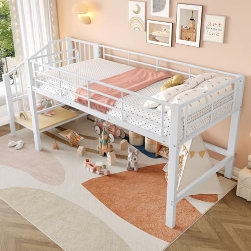 Lexiou 90x200 cm Halbhohes Hochbett mit Stauraumtreppe, Kinderbett mit Integriertem Stauraum, Metall-Loft-Bett für Jungen & Mädchen, inkl. Lattenrost, Leichte Montage, Platzsparend (Weiß)