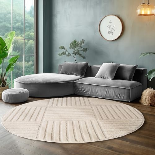 SIMPEX Wohnzimmer Teppich Rund 80 cm Creme Hochflor Skandi Boho Karo Design Hoch-Tief Effekt Weicher Shaggy Langflor Flauschig Robust Pflegeleicht Modern für beistelltisch