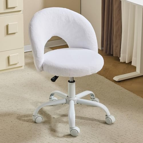 Bonnlo Homeoffice Stuhl, Schreibtischstuhl, Schminktisch Stuhl, Bürostuhl ohne Armlehnen, Drehstuhl mit Rollen, Höhenverstellbar, Homeoffice, Make up, Kunstkaninchenfell, Weiß