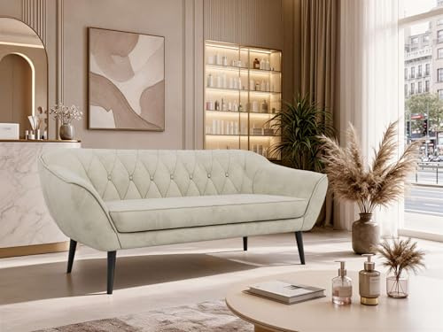 MKS MEBLE Sofa PIRS 3-Sitzer - Skandinavisches Design Couch, Gesteppte Polsterung, Wellenfederung, bequemes Polstersofa für Wohnzimmer - Schwarze Beine, Beige Velvet