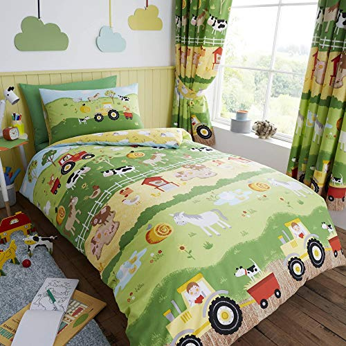 Happy Linen Company Kinder Bettwäsche-Set - wendbar - mit Bauernhoftieren & Schäfchen - Grün & Gelb - Doppelbett