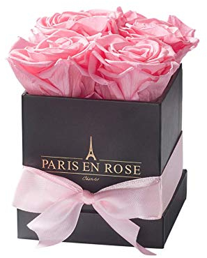 PARIS EN ROSE Rosenbox | mit Vier rosa Infinity Rosen Größe XL | konservierte ewige Rose | eckige Schwarze Box mit Band | 3 Jahre haltbar