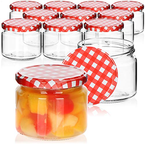 com-four® 12x Einmachgläser mit rot/weiß kariertem Schraub-Deckel - TO Ø 82 mm - bis zu ca. 330 ml