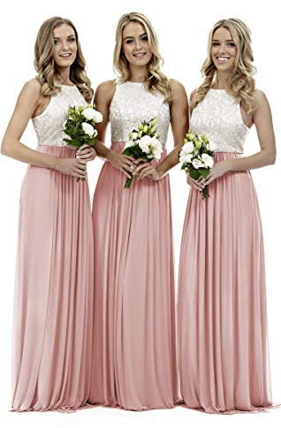 Lecureler Robe de demoiselle d'honneur longue en dentelle, rose poudré, 42
