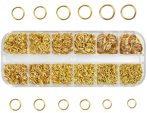 Chstarina 1100Pcs Biegeringe Offene, 4mm 5mm 6mm 7mm 8mm 10mm Offene Ringe Springen, Spaltringe Metall Kettenringe Verbindungsringe für Schmuckherstellung, Halskette, Armband, Schmuckzubehör (Golden)