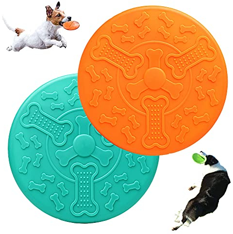 OUOQI Hundespielzeug Frisbee,Hunde Frisbees,2 Stück Dog Frisbee Disc,Gummi Frisbee,Hund Scheibe,für kleine Hunde Land und Wasser,Fangen,Werfen,Spielen,Hundetraining