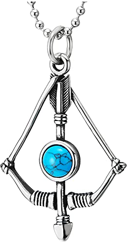 COOLSTEELANDBEYOND Acero Vintage Arco y Flecha de Tiro Colgante Piedras Turquesa, Collar con Colgante de Hombre Mujer, Bola Cadena 75CM