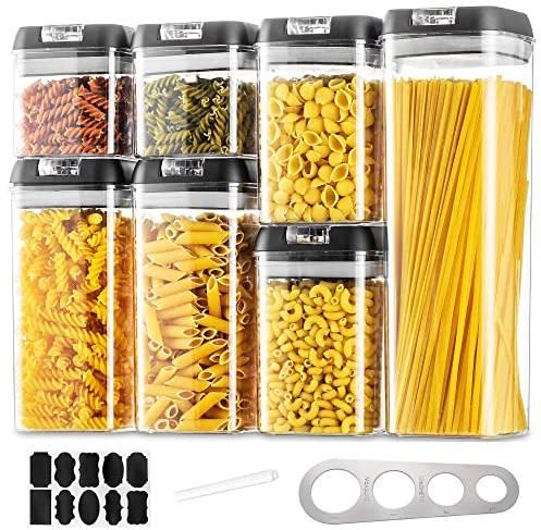 Contenedores de almacenamiento de alimentos para pasta 7 tarros herméticos de almacenamiento de cereales cajas grandes plástico espaguetis con tapas negro de fácil bloqueo apilables transparentes