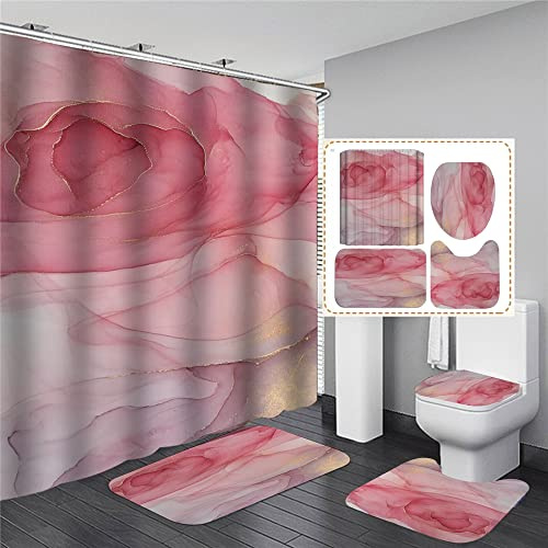 Hearda 4 Pièces Ensemble de Rideaux de Douche Modernes 3D Imprimé Teinture Cravate avec Tapis Antidérapants, Couvercle de Toilette et Tapis de Bain, Rideau de Douche avec 12 Crochets (4PC,Fleur Rose)