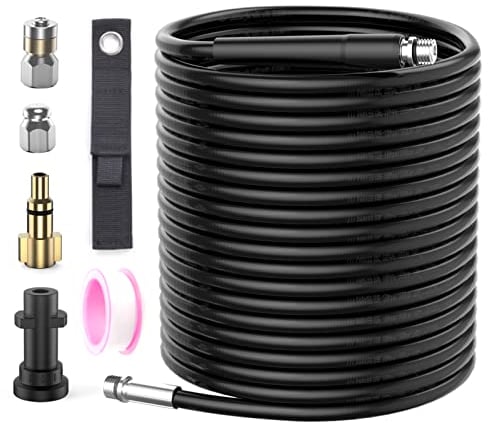 15M Tubo di Pulizia per Idropulitrice, Kit di Pulizia per Tubi Scarico con Sonda Sturatubi e Ugello a Getto Rotante, 2 Adattatori Compatibile con Idropulitrici Kärcher K2 K3 K4 K5 K6 K7 serie e Lavor