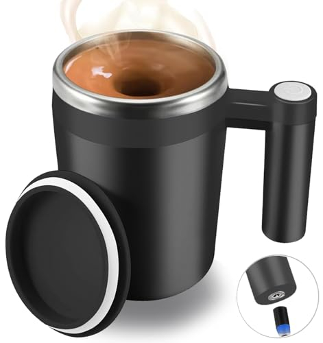 FCSWEET Self Stirring Mug,Rechargeable Auto Magnetic Coffee Mug with 2Pc Stir Bar,Waterproof Automatic Mixing Cup for Milk/Cocoa at Office/Kitchen/Travel 14oz Best Gift - Black