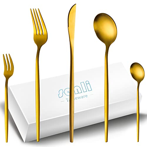 Besteck Matt Gold Set Für 12 personen,SANLI 60 Teilig Edelstahl Elegant Messer Gabel Löffel Geschirr Set,Spülmaschinenfest.…