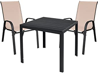 Mojawo Hochwertige Gartengarnitur 3-teilig Gartentisch 90x90cm Anthrazit WPC Grau + 2 Stapelstühle Textilen Anthrazit/Beige